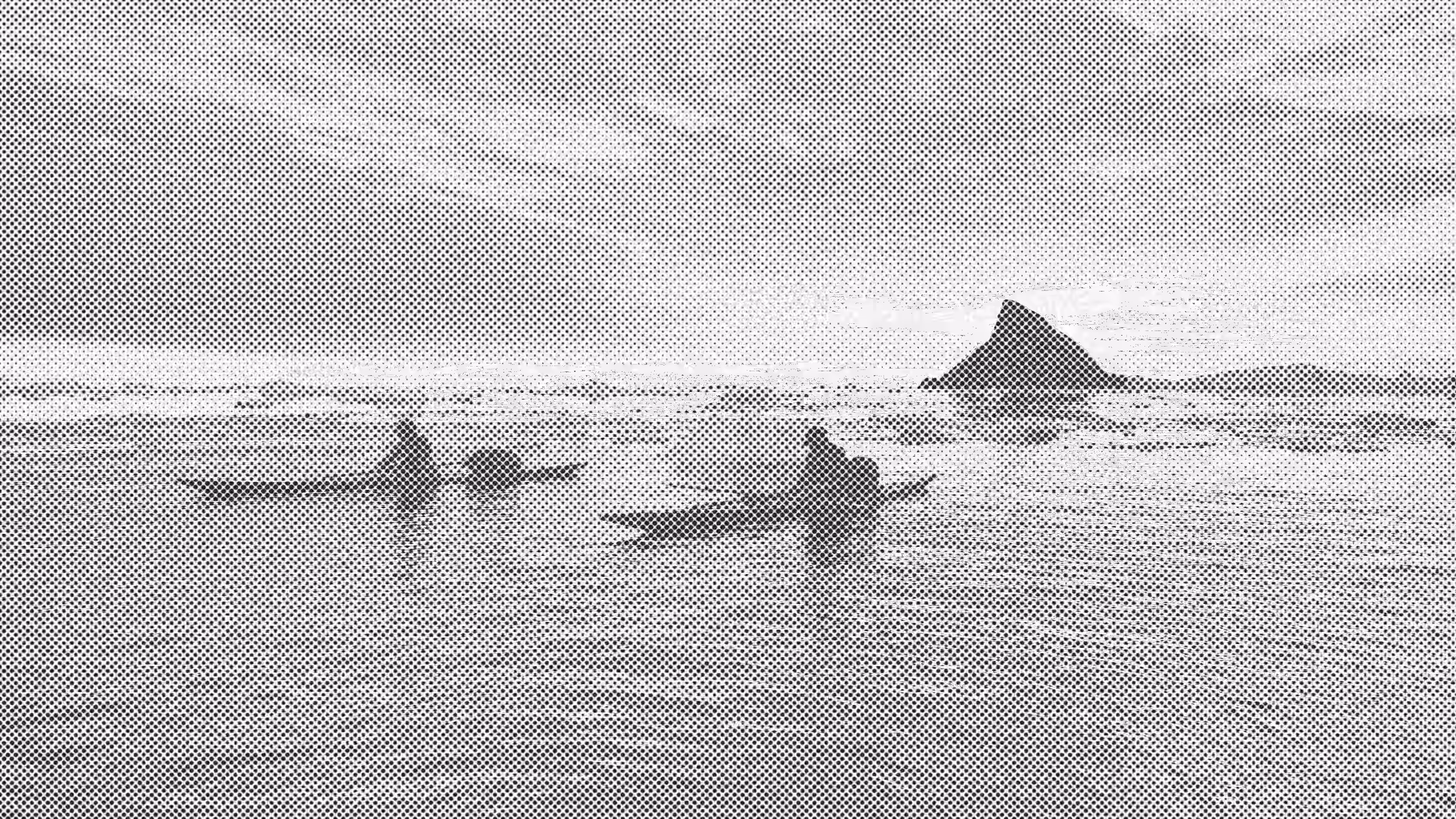 Qajaqs moving through open water near ice and headland in Qimusseriarsuaq.