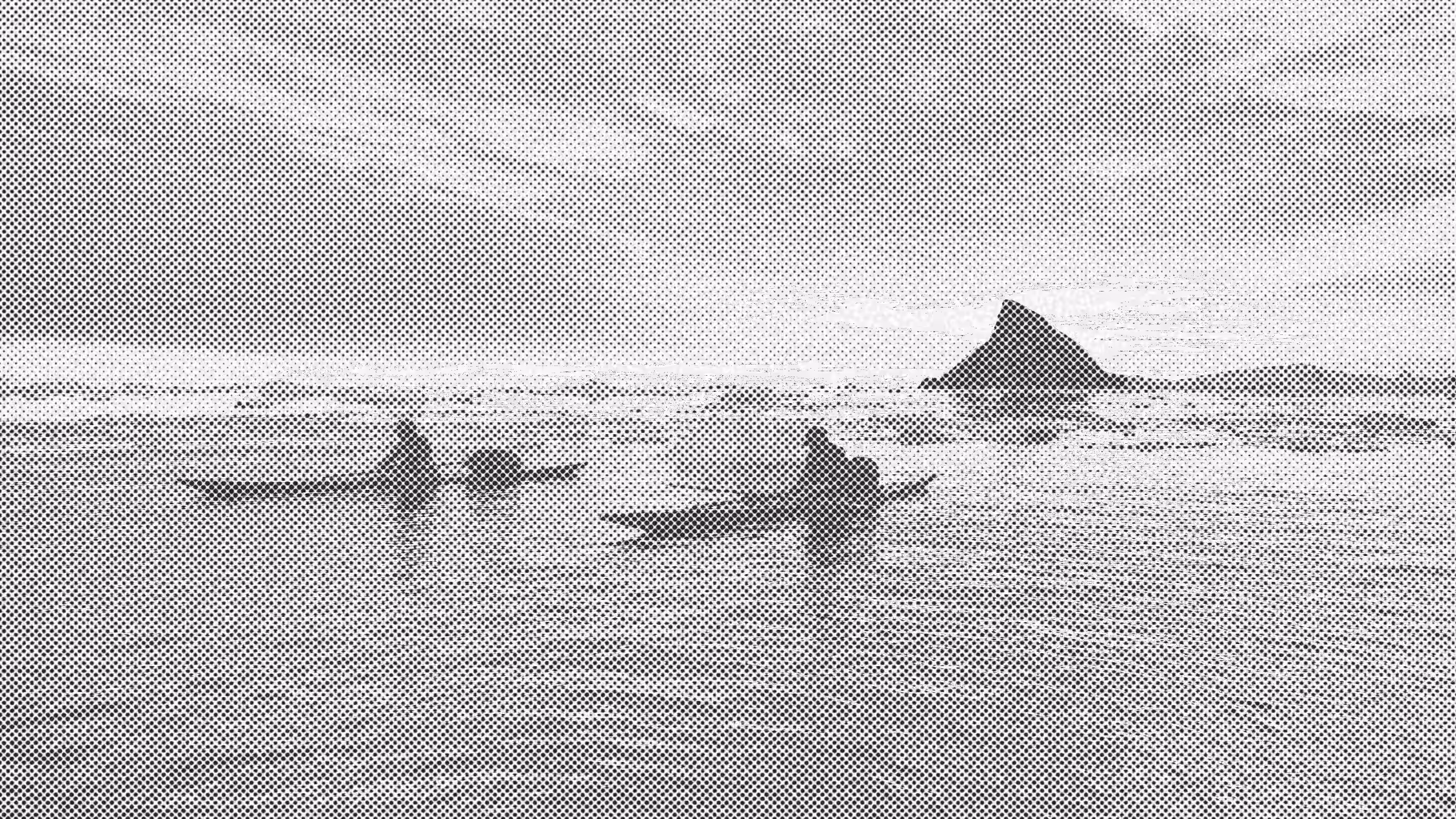 Qajaqs moving through open water near ice and headland in Qimusseriarsuaq.